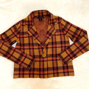 Tahari Tan Orange Plaid one Button Crop Jacket Blazer Soft Fabric Women’s Size S